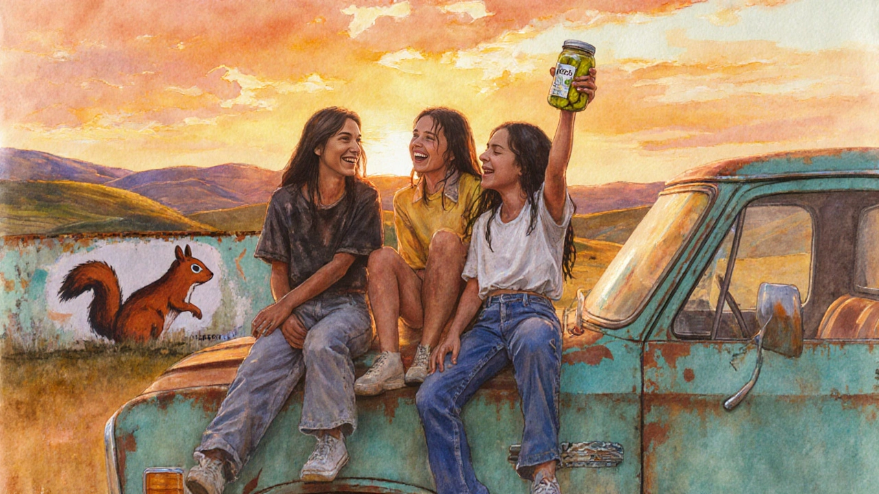 Four Indigenous teens laughing on pickup truck at sunset holding stolen pickles in Oklahoma
