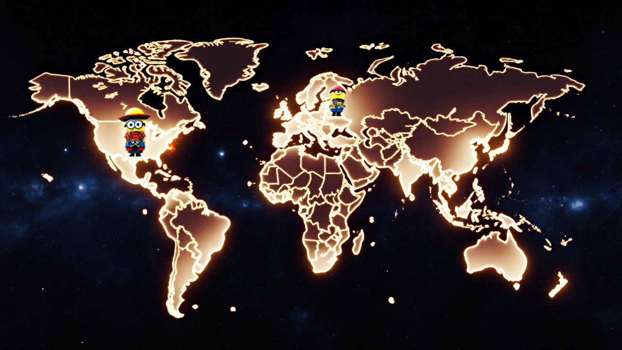 Global map with glowing regions showing Minions box office success and tiny Minions in cultural attire.