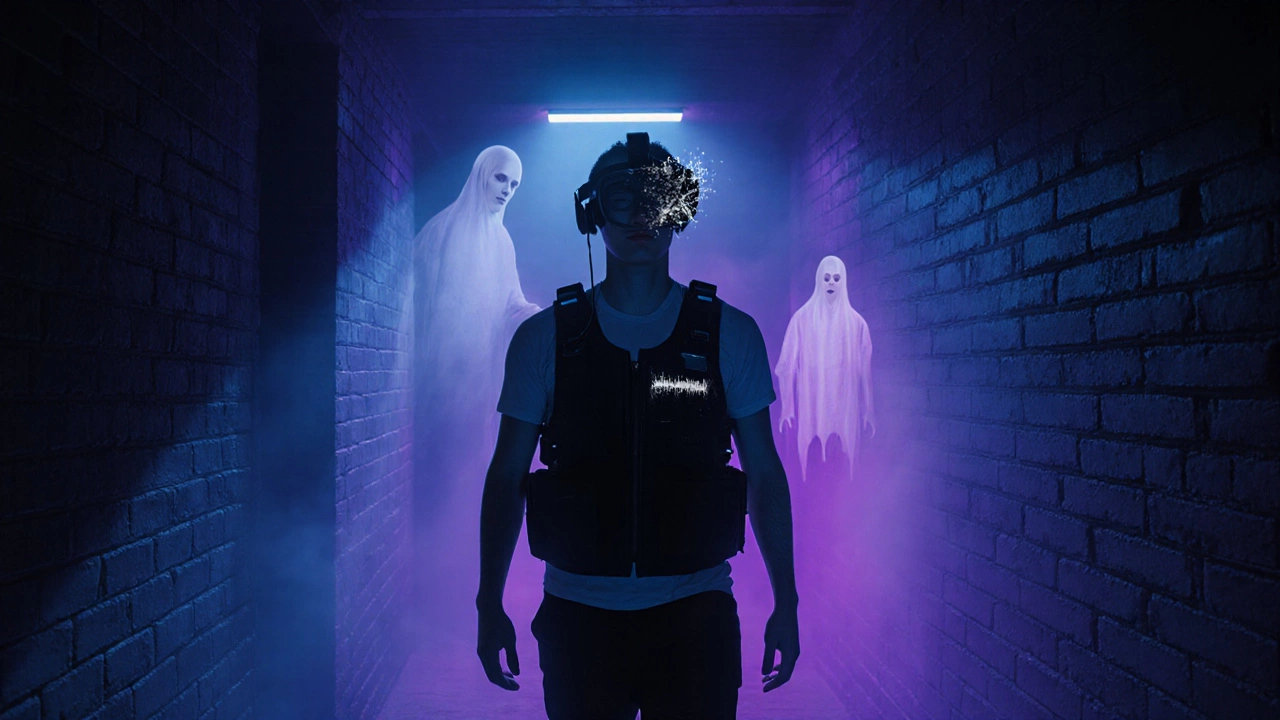 Person in VR headset and haptic vest experiencing ghostly illusions in a foggy, high-tech escape room.
