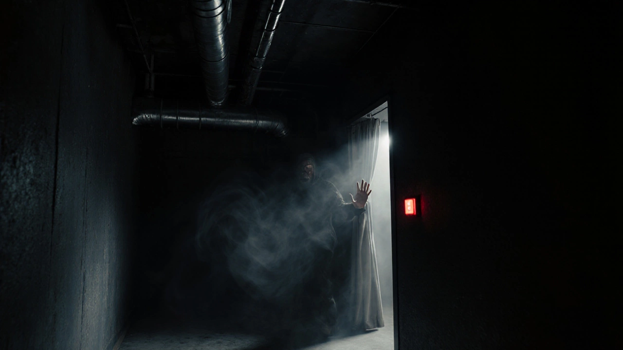 Solo participant in a dark escape room as a hand reaches from behind a curtain during a sudden blackout.