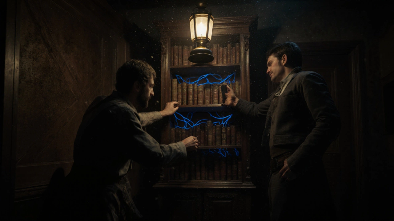 Team solving puzzle in dimly lit escape room without phones