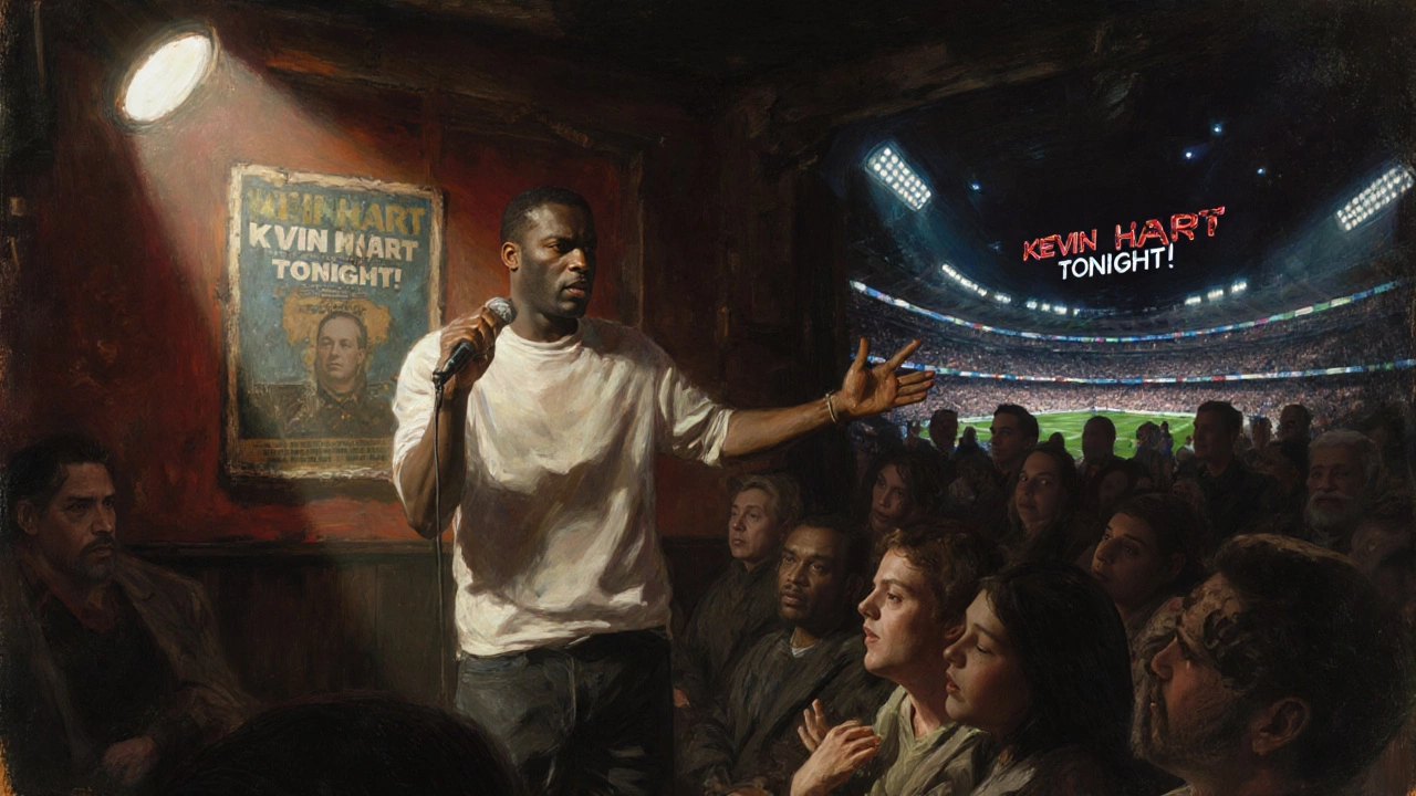 Young Kevin Hart in a small Philadelphia comedy club, spotlighted before a small audience.