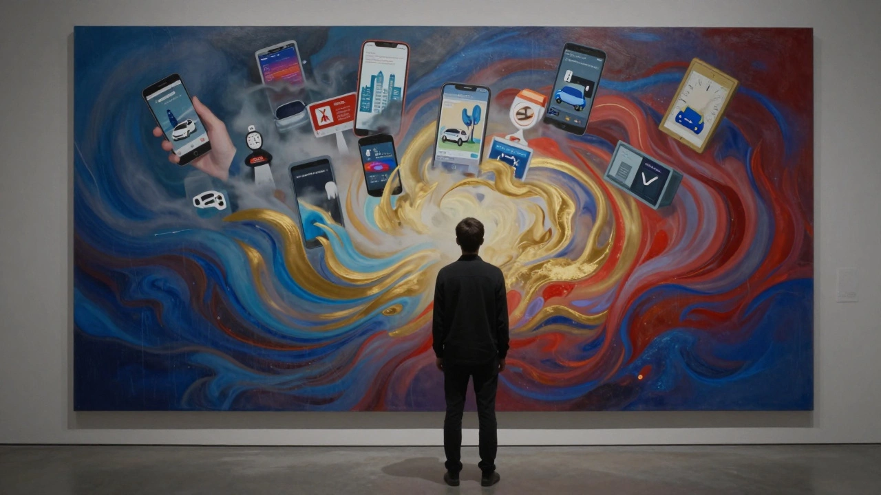 A figure stands before a glowing canvas as the chaos of modern life fades into mist.