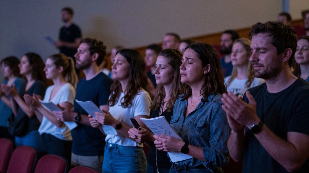 A group of people standing silently in a theater lobby after a performance, tears on their faces.
