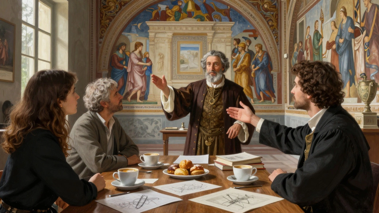 A historian teaching a small group about a fresco with books and coffee, in a sunlit, serene setting.