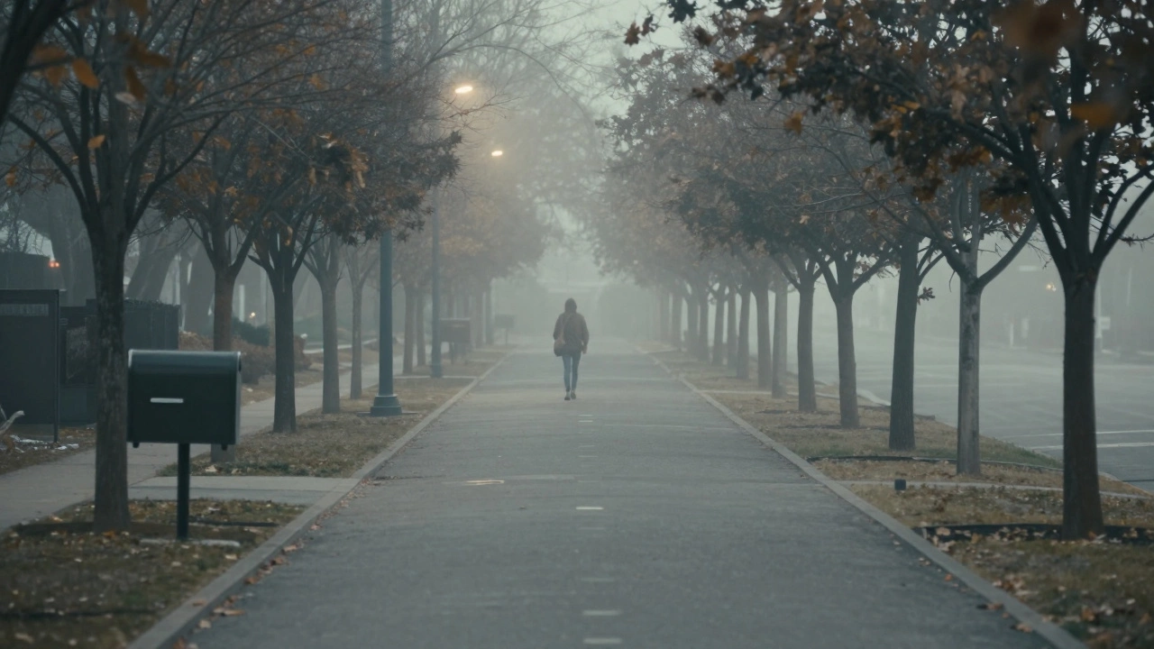 A lone walker on a peaceful urban path at dawn, surrounded by trees and fog.