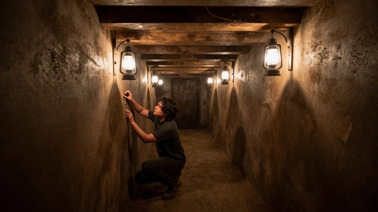 A narrow, dim mine-themed room with low ceilings and flickering lanterns, one person crouching to find a clue.