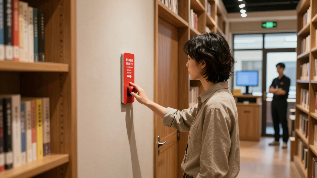 A person pressing an emergency button in a cozy bookstore escape room as the door unlocks safely.