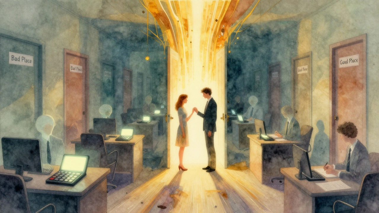 A surreal afterlife bureaucracy with floating desks and glowing point systems.