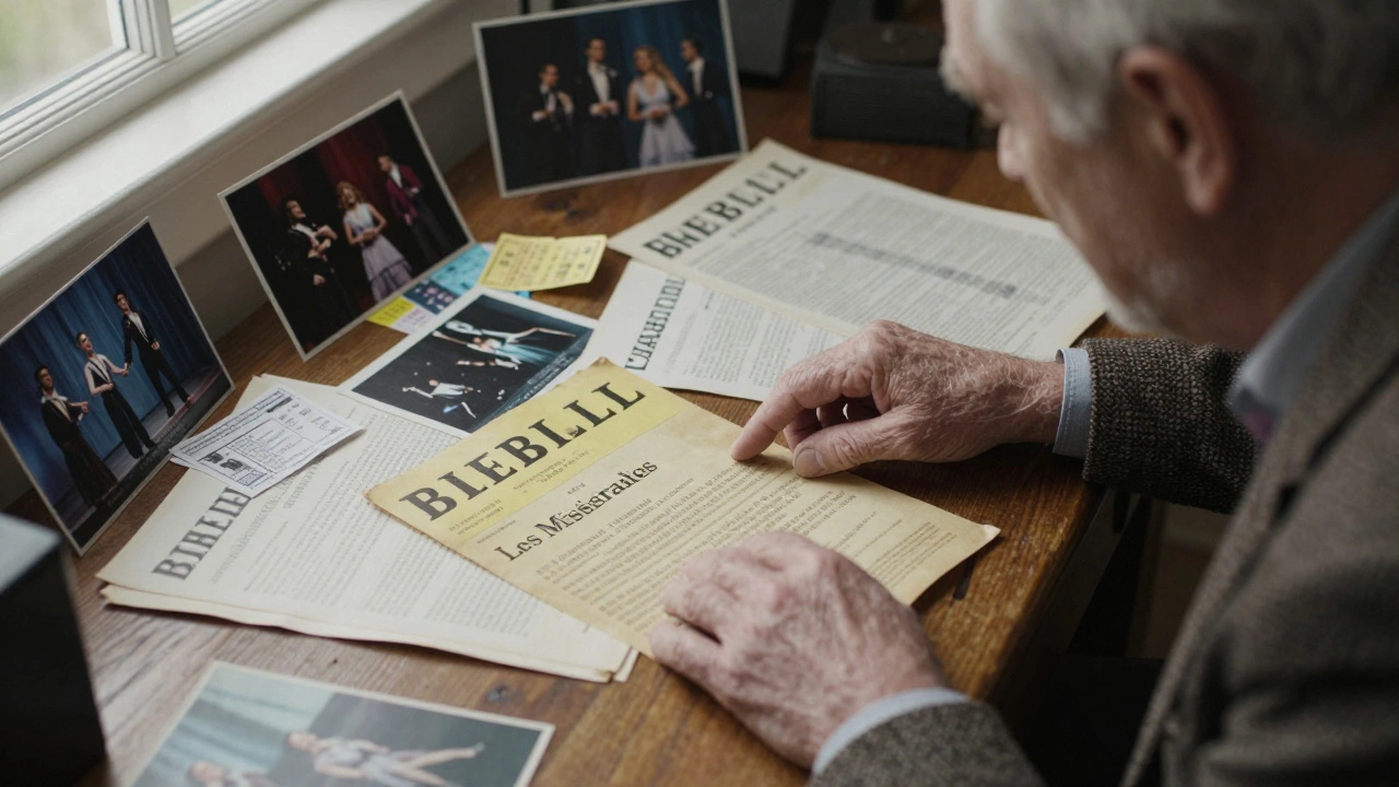 An elderly man holding an old playbill surrounded by theater memorabilia on a wooden desk.