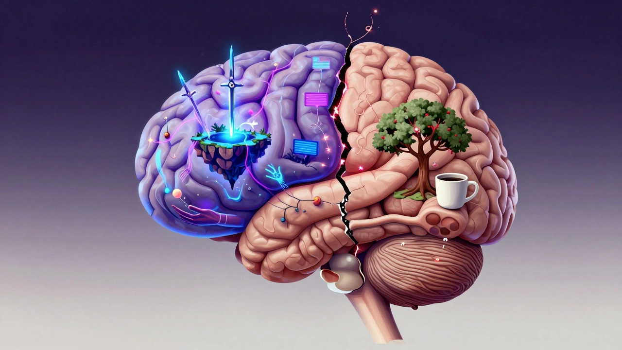 Cross-section of a brain showing digital VR patterns on one side and real-world elements on the other.