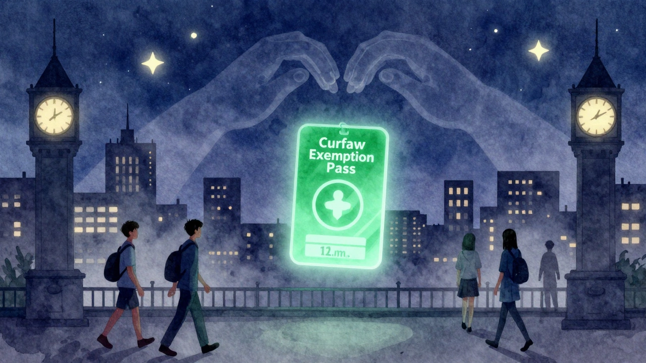 Digital exemption pass glowing above Richmond skyline with time markers at midnight.