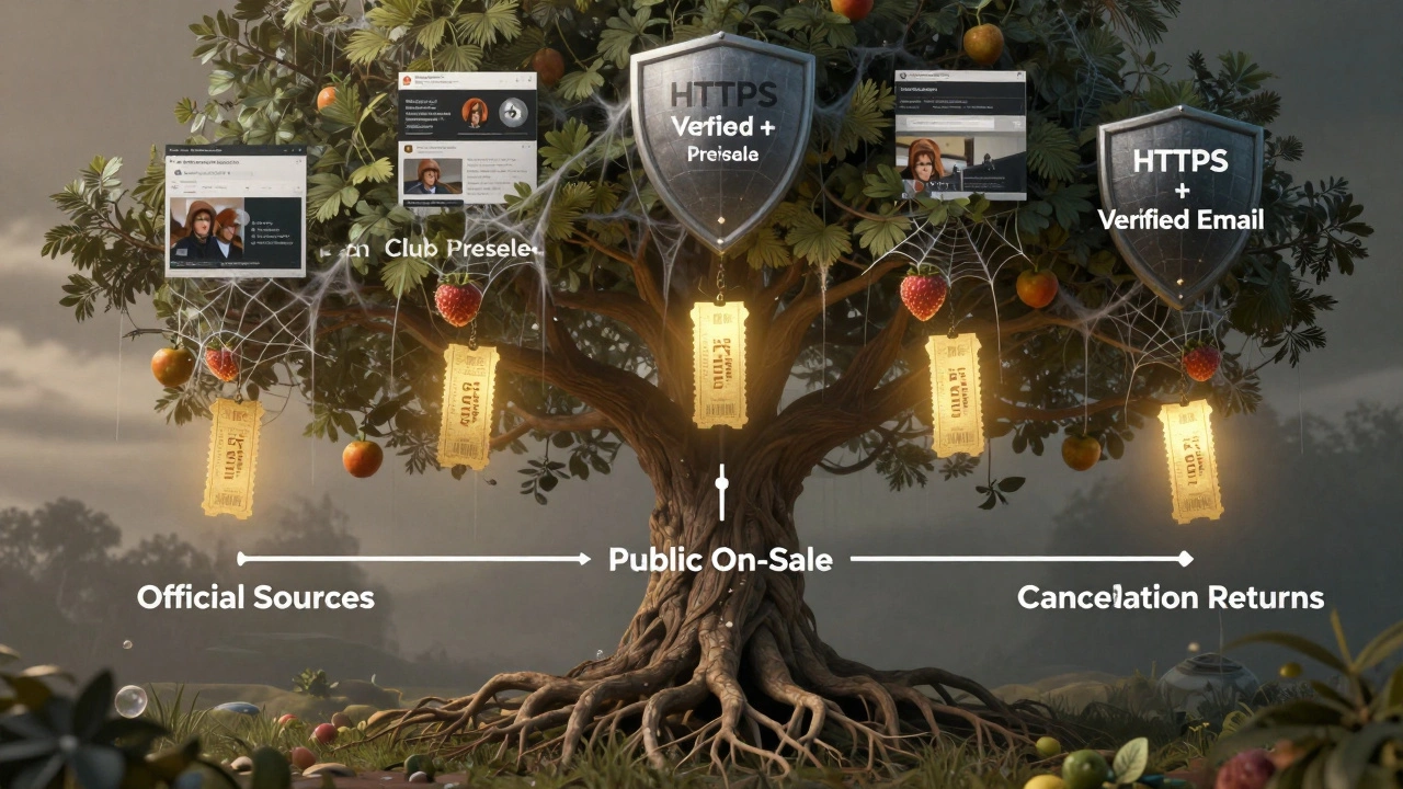 Digital tree of official ticket sources with scam spiders trying to steal the tickets.