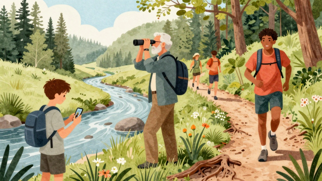 Diverse group enjoying outdoor activities like geocaching, birdwatching, and trail running in a park.