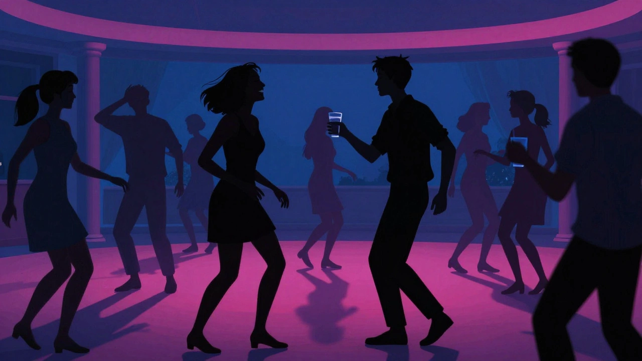 Diverse silhouettes dance under neon lights, one person offering water to a stranger in a moment of quiet connection.