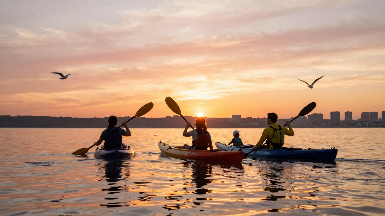 Family kayaking on a harbor at sunset with city skyline in distance.