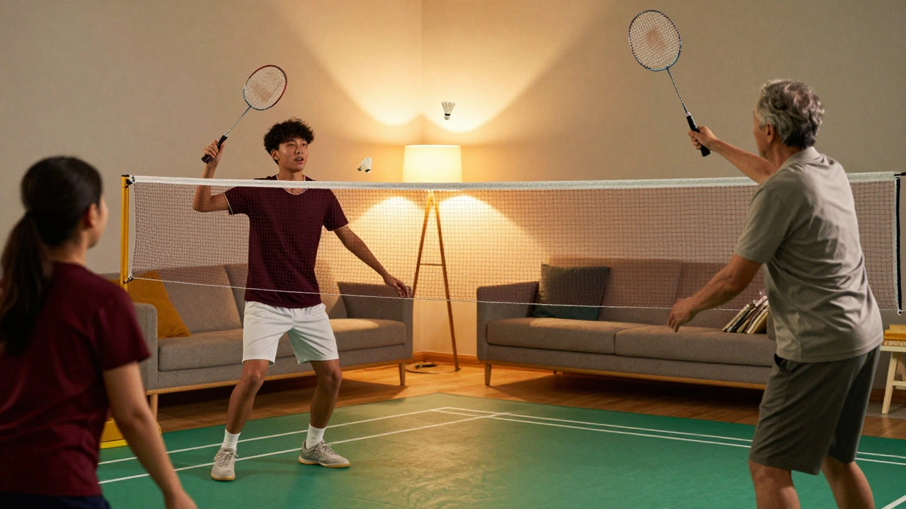 Family playing badminton indoors with shuttlecock in mid-air between two players.
