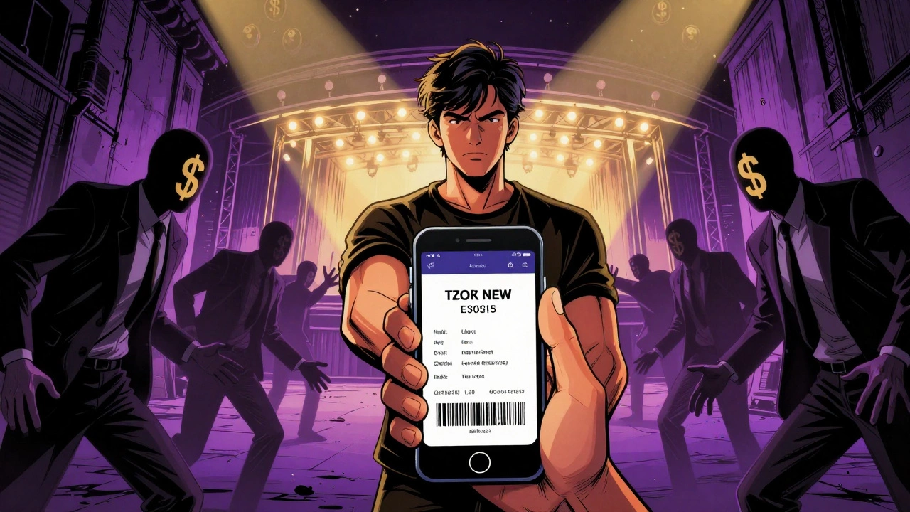 Fan holding a real e-ticket under concert lights, scamsters lurking in darkness.