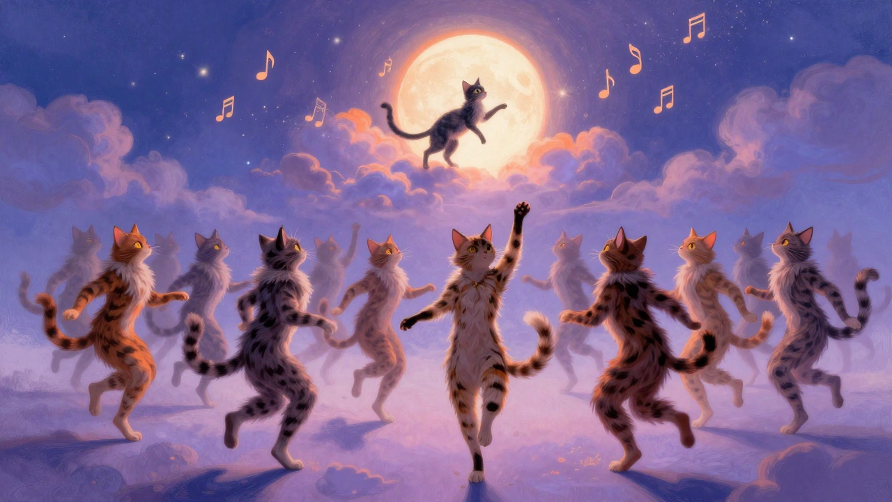 Feline performers dancing under a starry sky at the Jellicle Ball