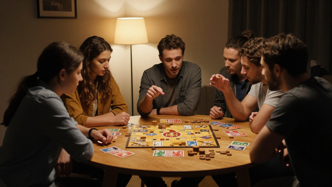 Friends gathered around a board game table, focused and laughing during play.