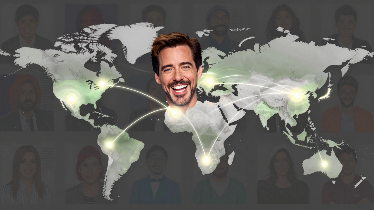 Global map with laughter waves radiating from Jim Carrey&#039;s face to cities worldwide.