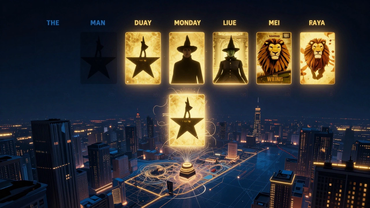 Glowing calendar with Monday in shadow, other days lit by Broadway show silhouettes against NYC skyline.