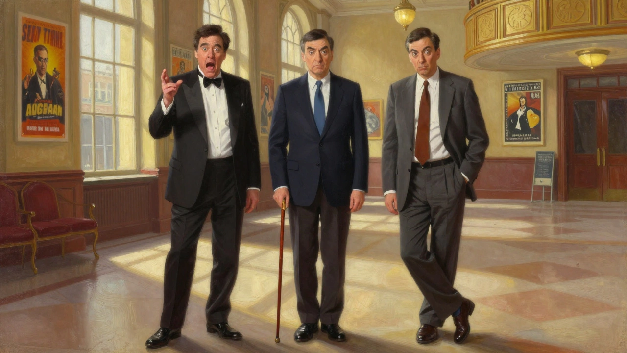 Jim Carrey, Rowan Atkinson, and Steve Carell side by side in a classic theater, embodying different comedy styles.
