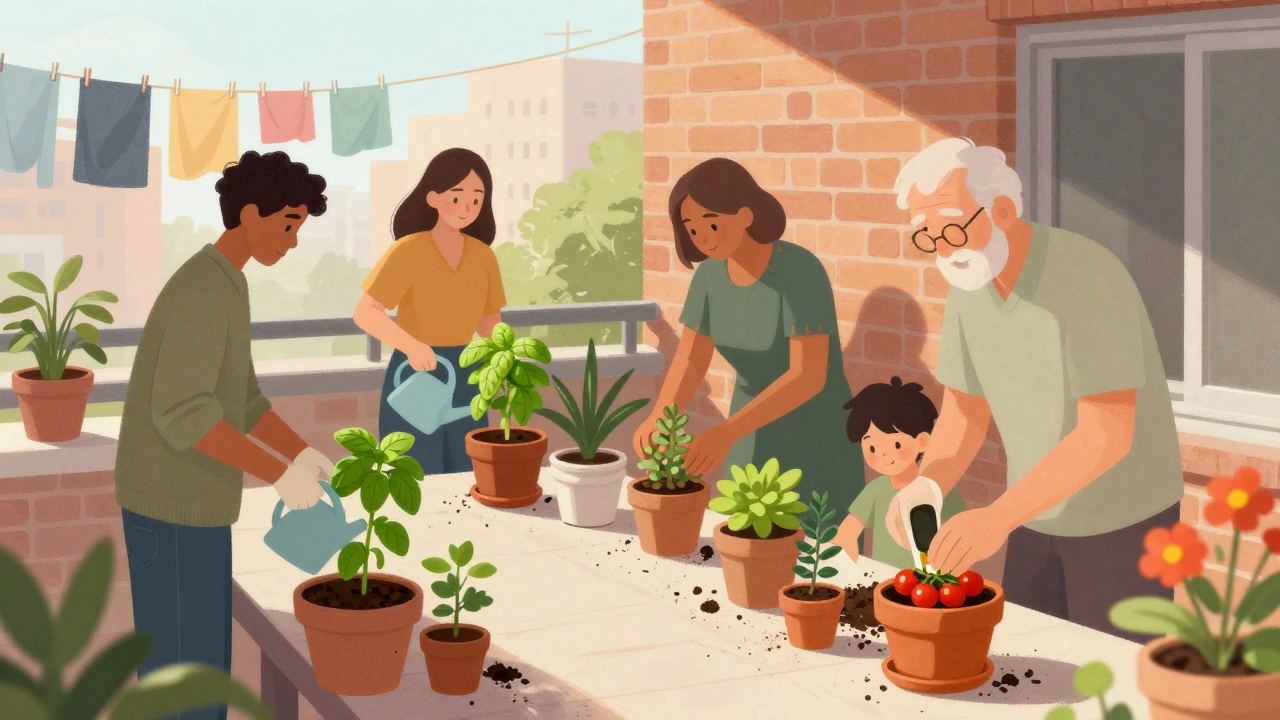 People growing herbs and flowers in pots on a sunny city balcony.