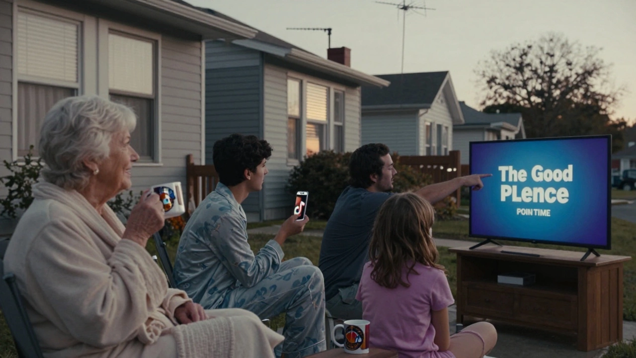 People in a suburban neighborhood watching The Good Place on local TV channels at dawn.