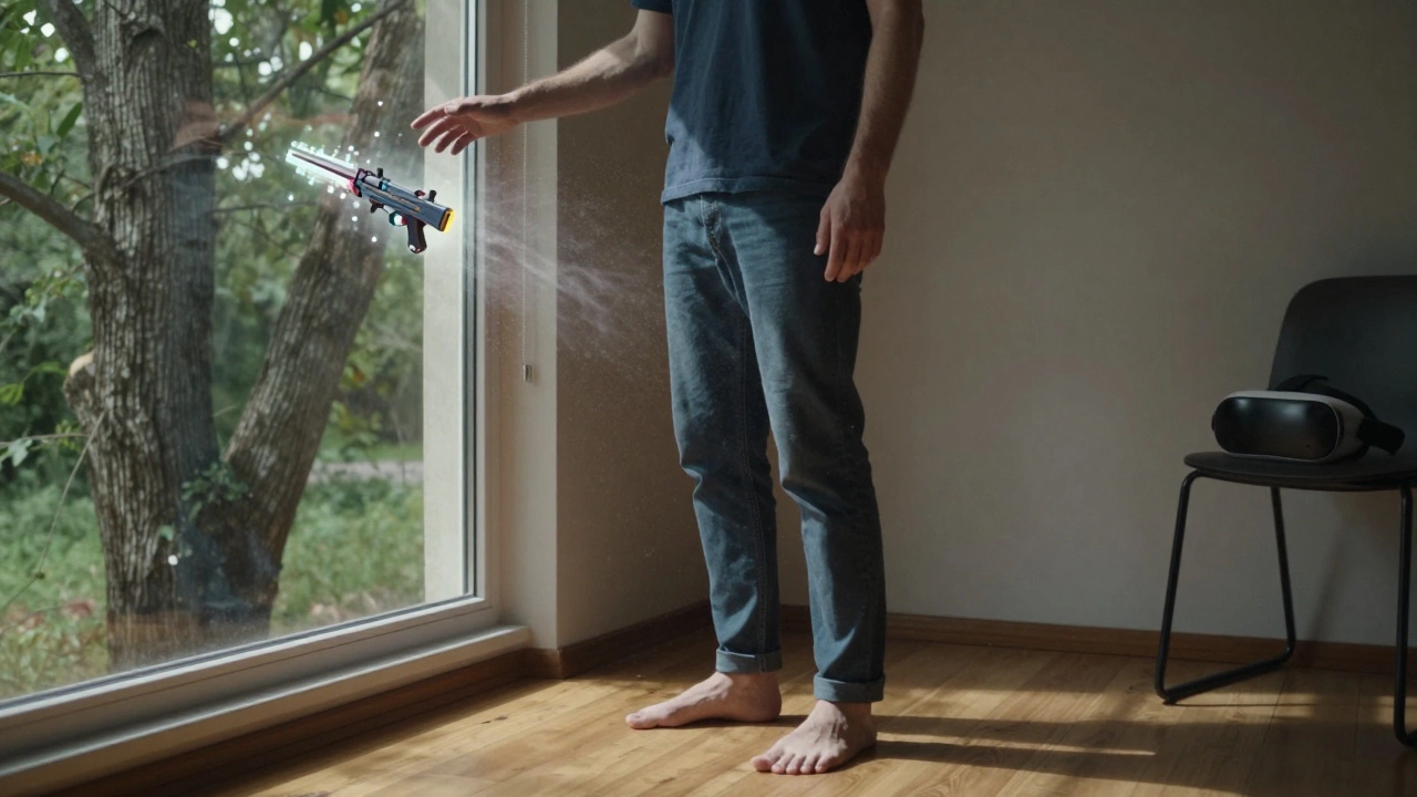 Person touching a real tree while a virtual weapon fades beside them, sunlight streaming in.