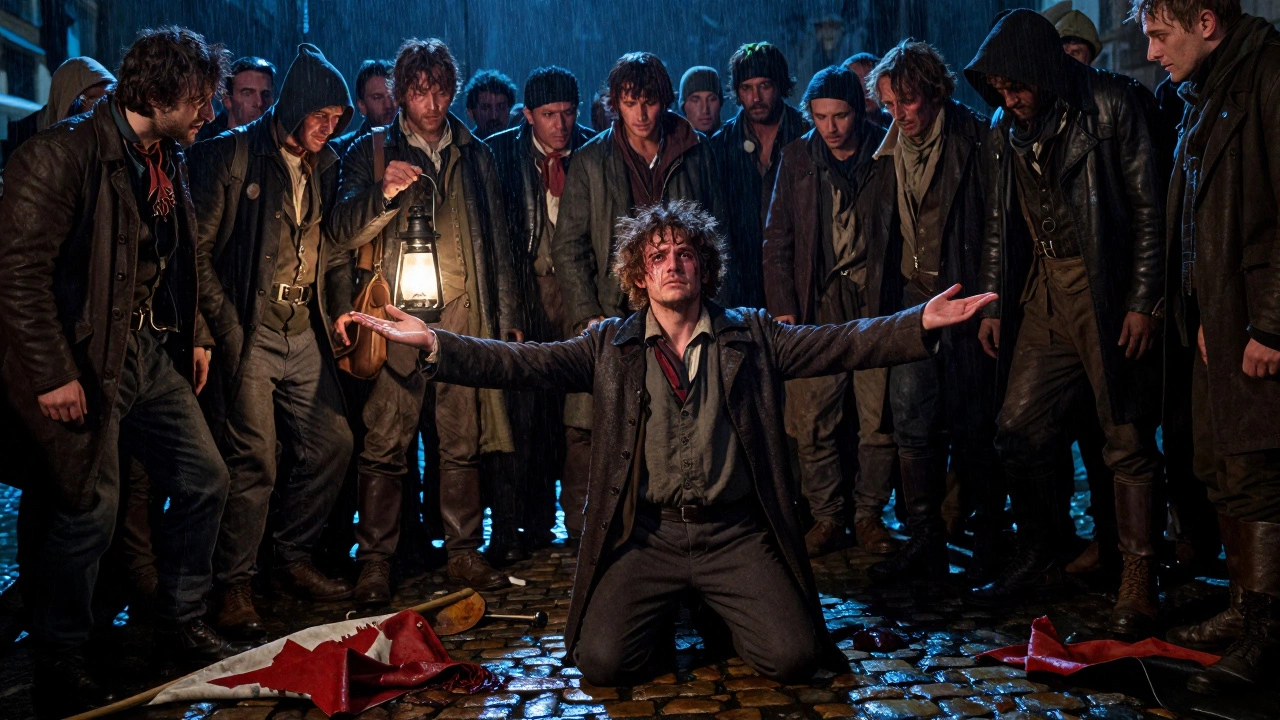 Revolutionaries on a rain-soaked barricade during Les Misérables
