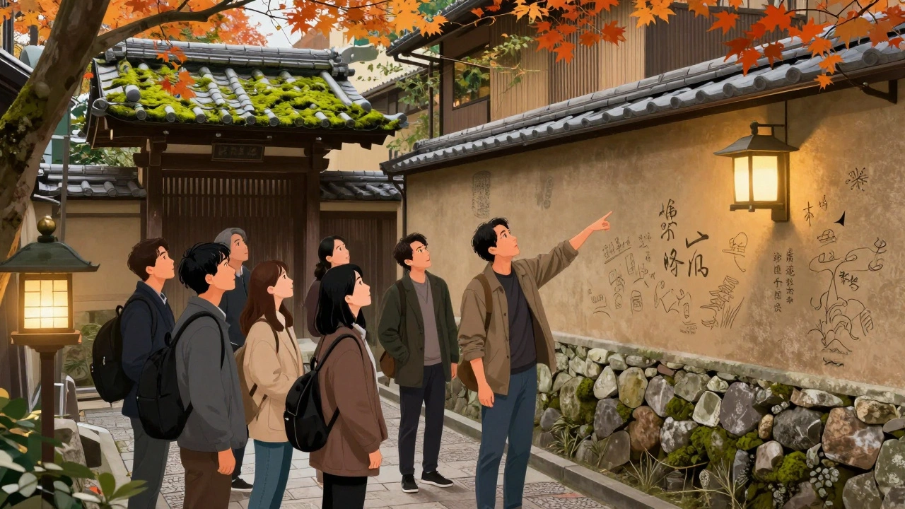 Small group of tourists on a quiet Kyoto alley, led by a local guide pointing out hidden historical details.