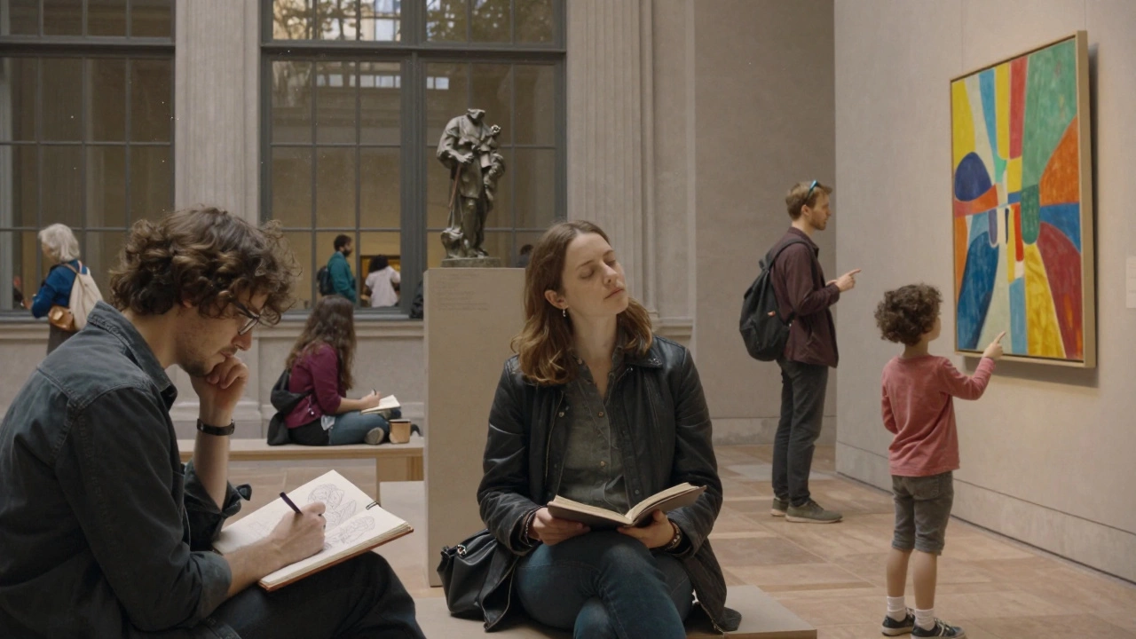 Strangers in a museum courtyard each experience art in silent, personal ways.