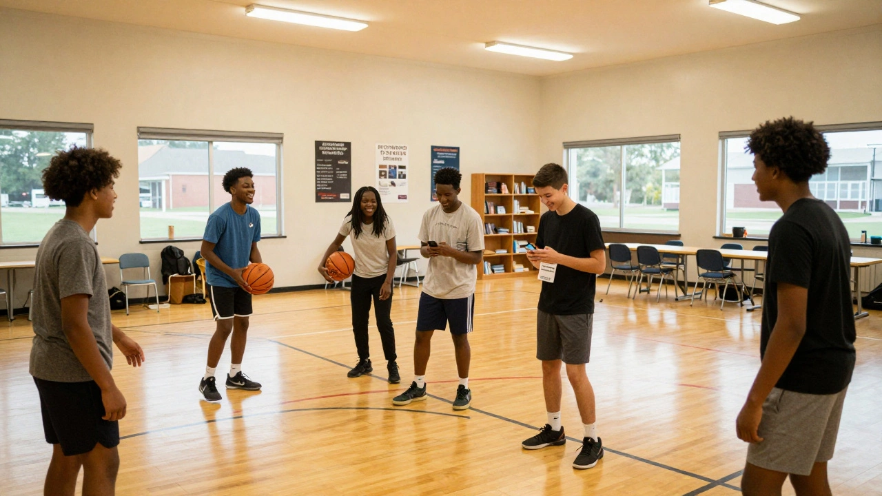 Teens playing basketball in a well-lit community center during evening program.