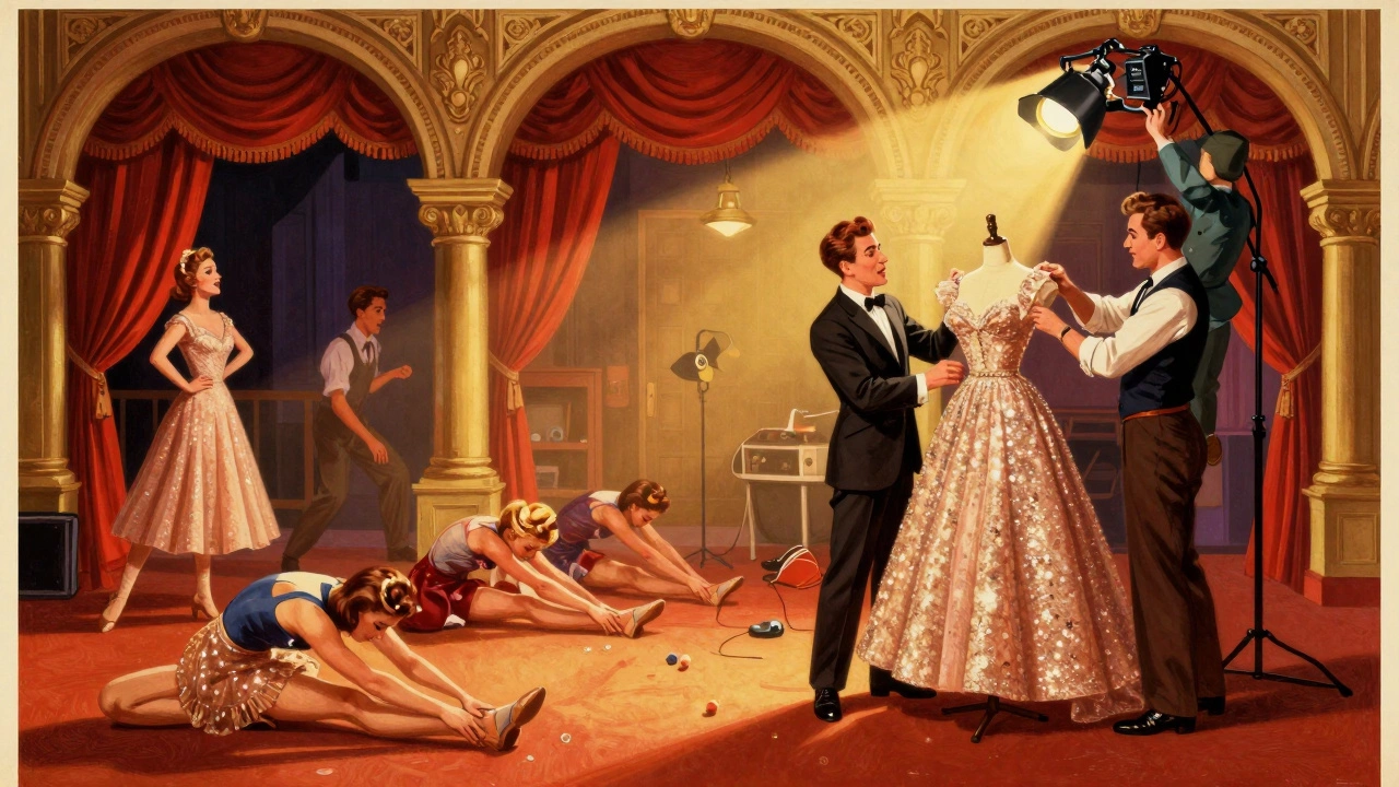 Vibrant backstage scene on Monday: dancers, singers, and technicians preparing for the week ahead.