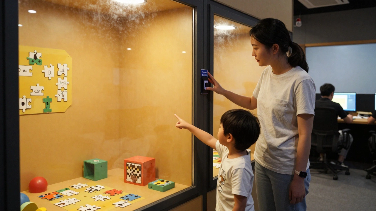 A child and parent in a colorful family escape room, with a parent's hand near an override button outside the door.