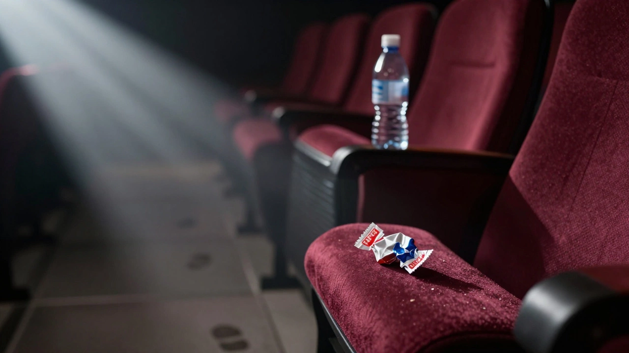 A crumpled candy wrapper clings to a theater seat under a spotlight, with a sealed water bottle beside it.