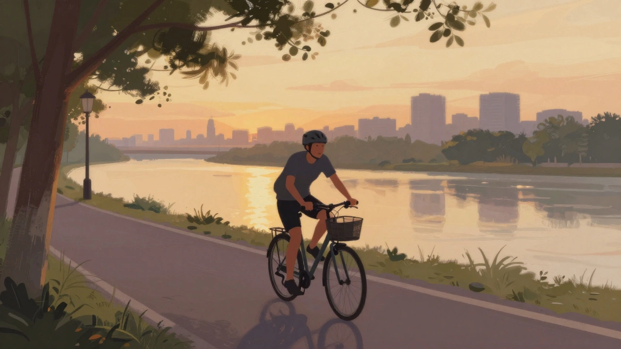 A lone cyclist riding gently along a riverside path at dusk, surrounded by trees and calm water.