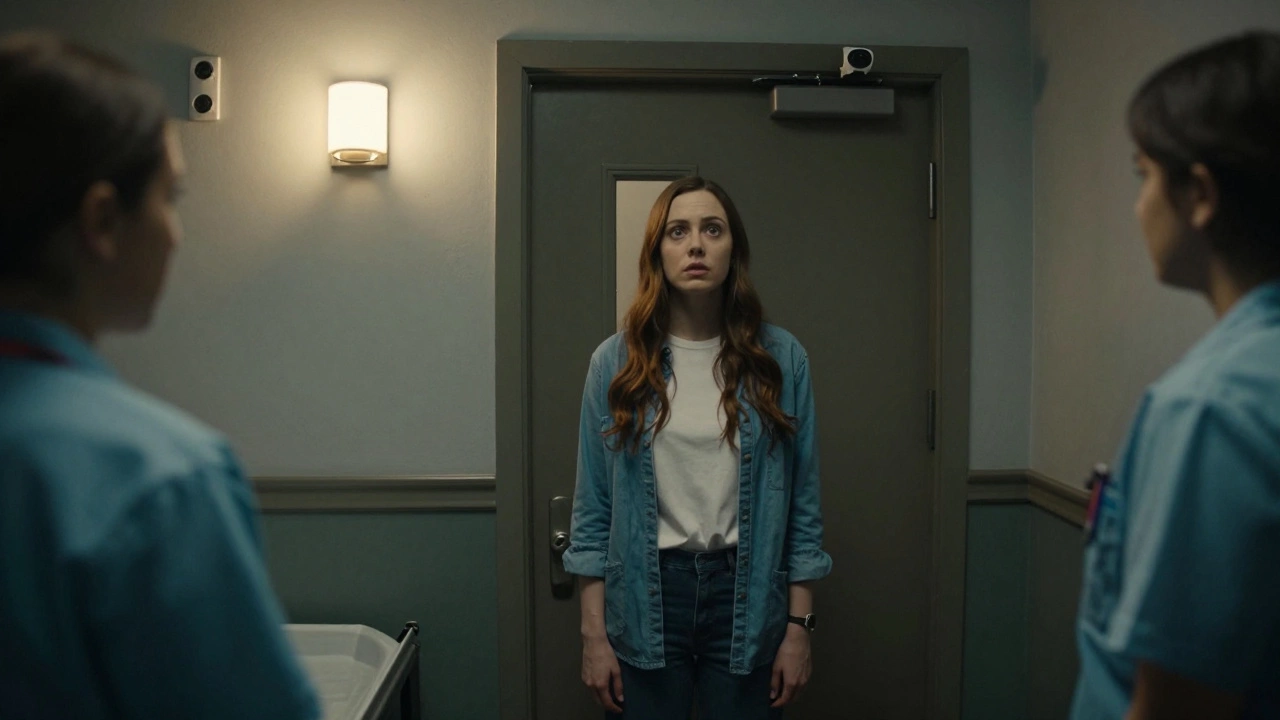 A person frozen in fear in a haunted room as lights brighten and a calming voice speaks through speakers.