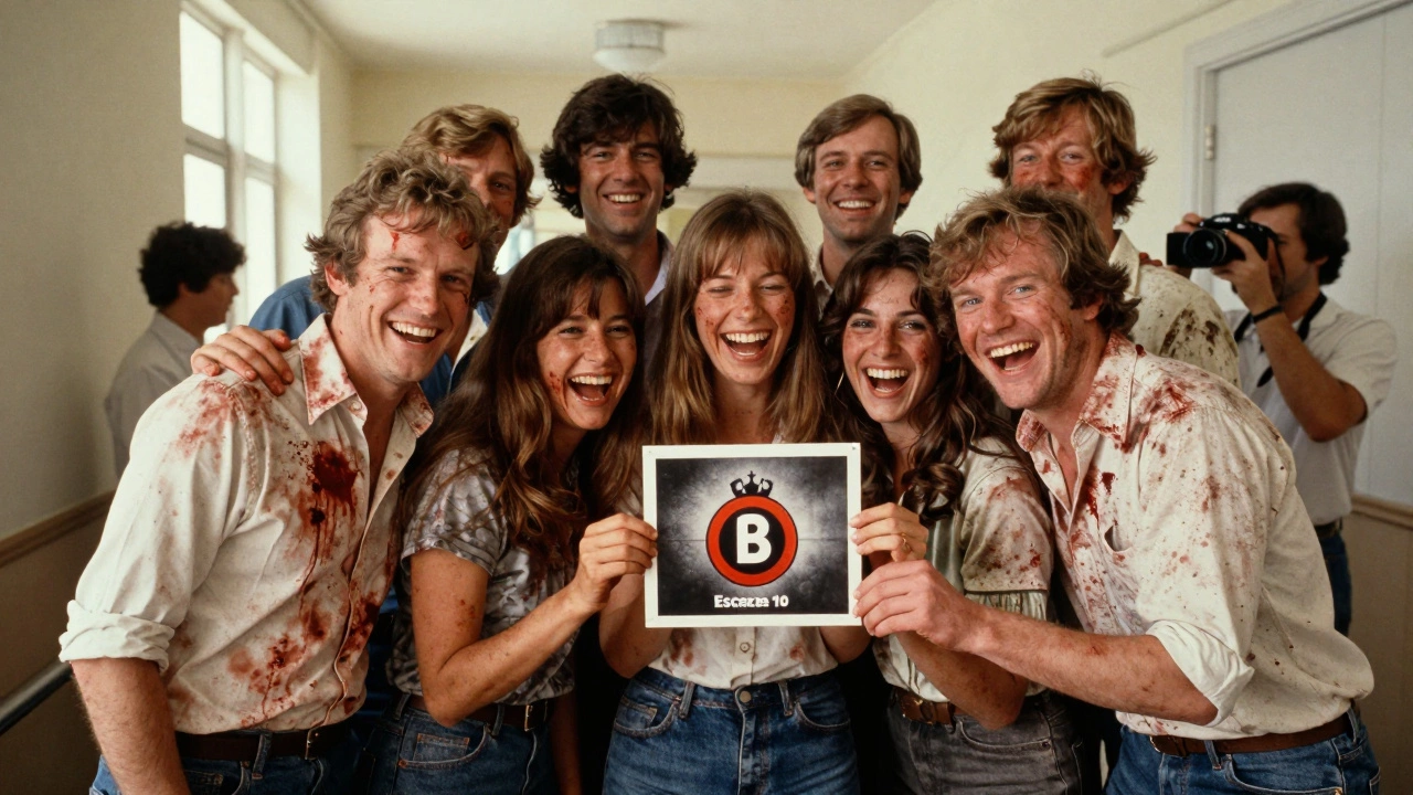 A smiling team poses for a photo after failing to escape, laughing and covered in playful fake blood.