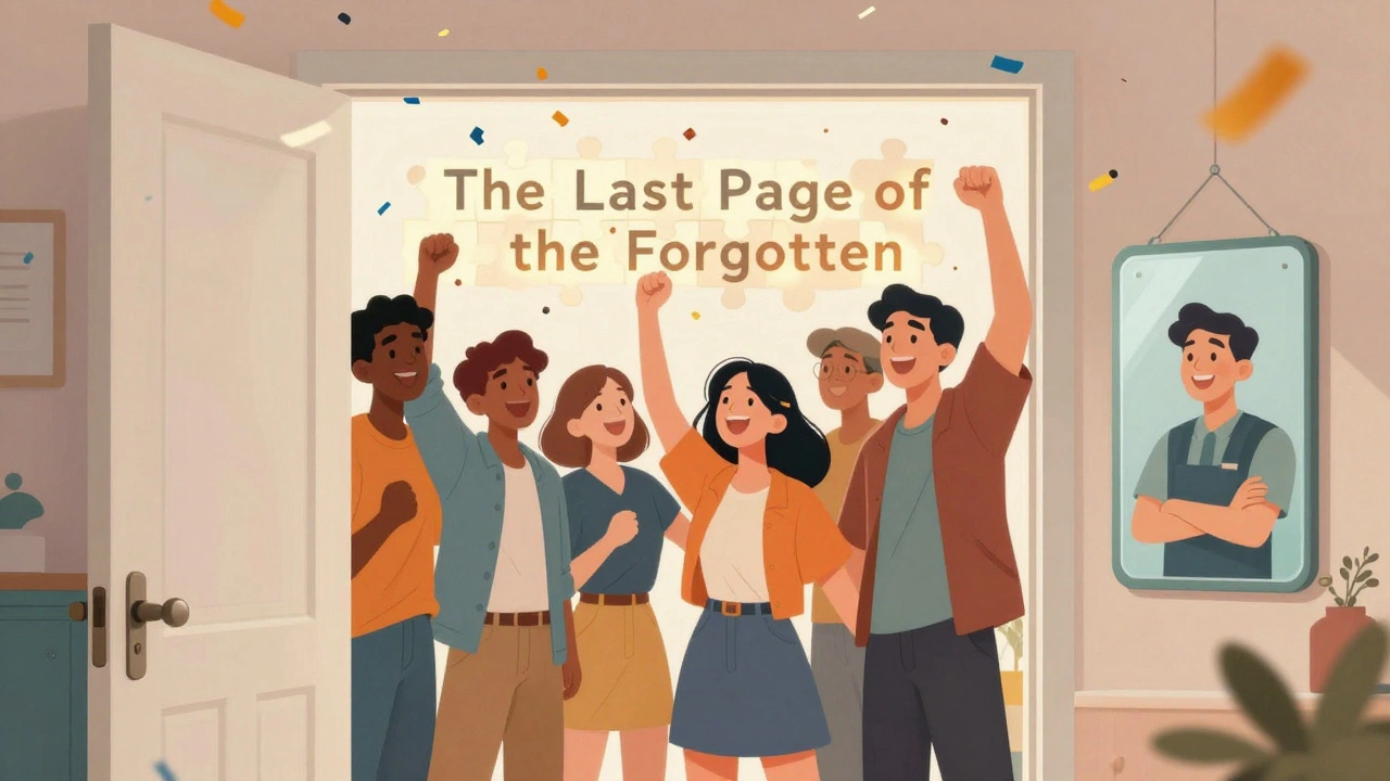 A victorious team celebrating as the escape room door opens, confetti falling, with a backward text clue visible on the wall.