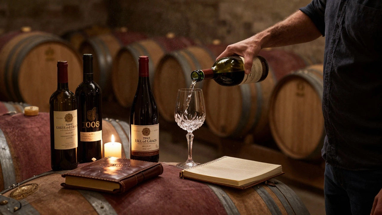 A winemaker pouring a rare vintage in a dim, barrel-filled cellar with a notebook and candle.