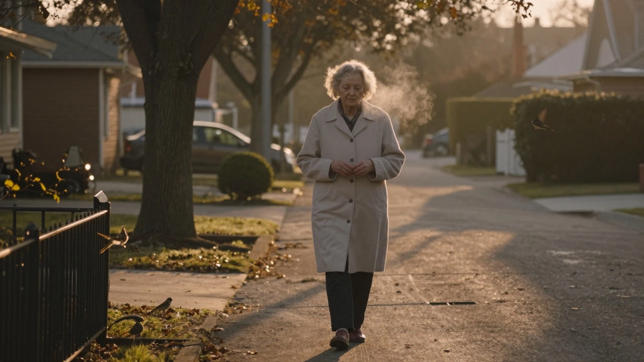 An elderly woman walking calmly around her neighborhood at dawn, birds in the sky.