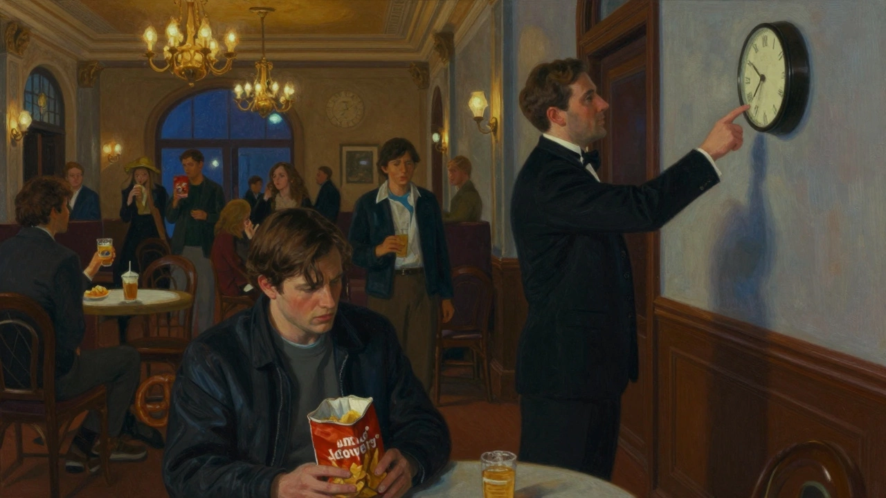 An usher gently warns a patron against eating snacks during intermission in a grand theater lobby with vintage lighting.