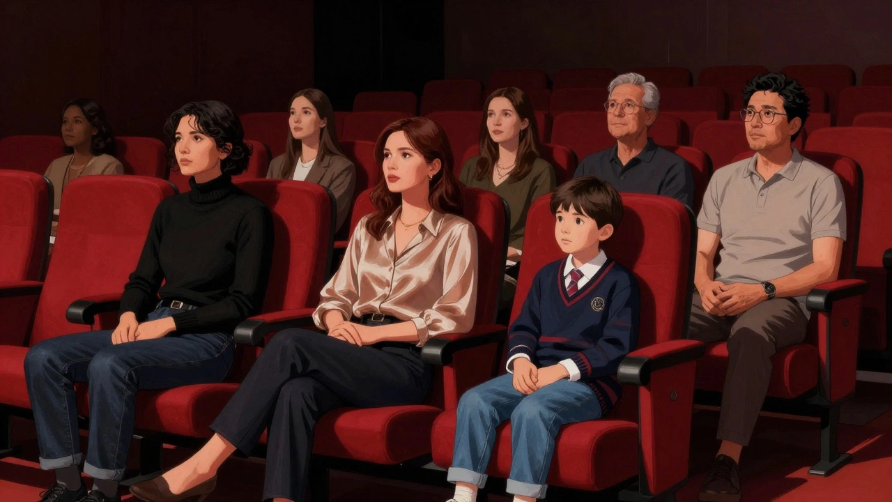 Audience seated quietly in a theater, dressed in varied smart-casual outfits during a performance.