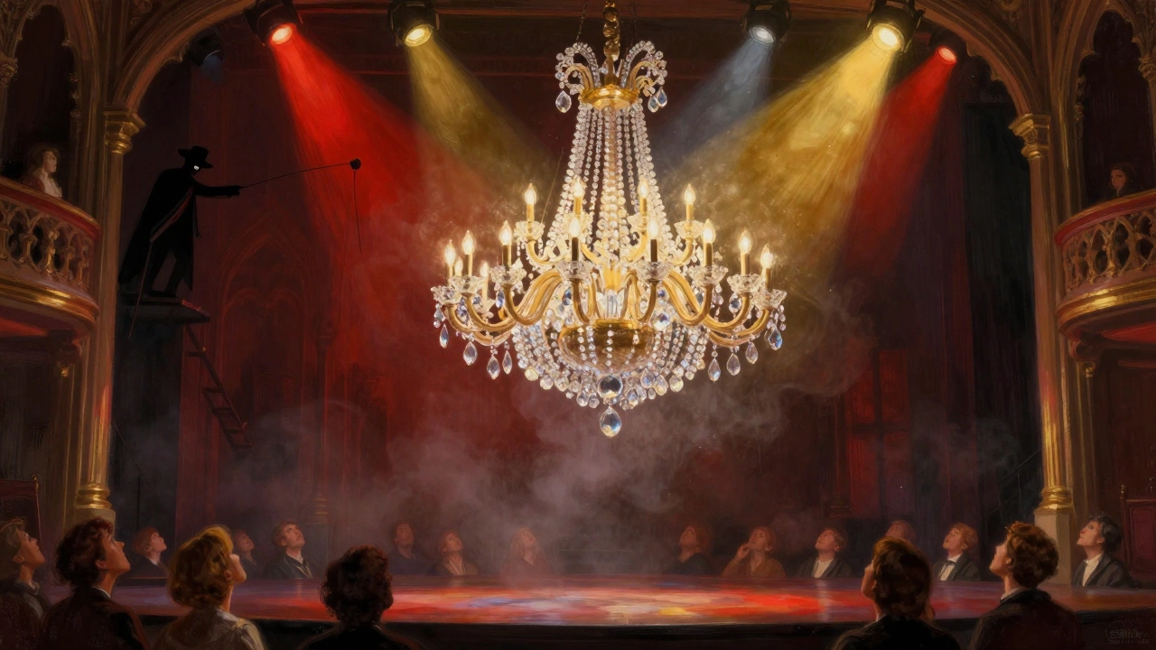 Chandelier falling on Broadway stage, Phantom in shadow, audience in silent wonder.