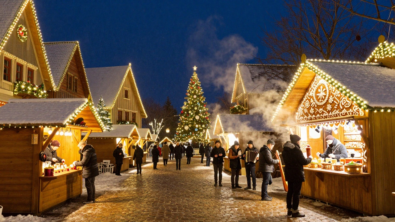 Christmas Town at night with millions of lights, wooden stalls, and musicians playing under falling snow.