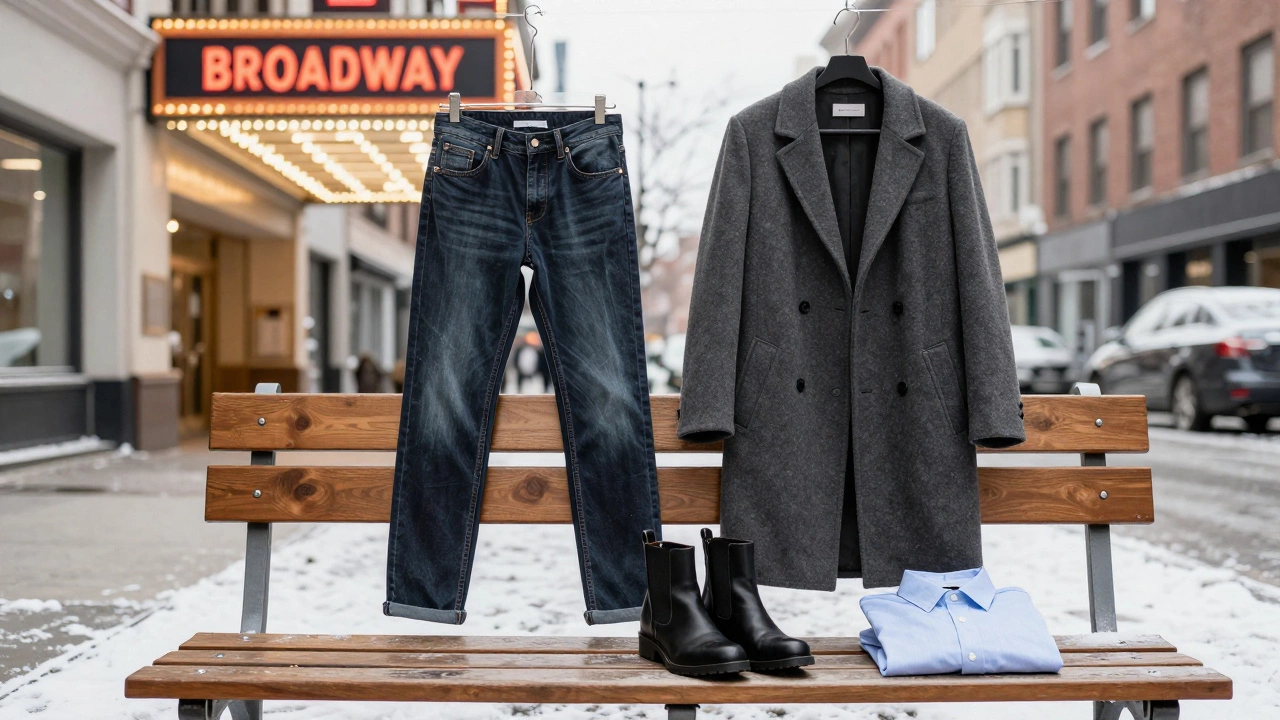 Clean dark jeans and accessories neatly arranged beside a coat outside a Broadway theater.