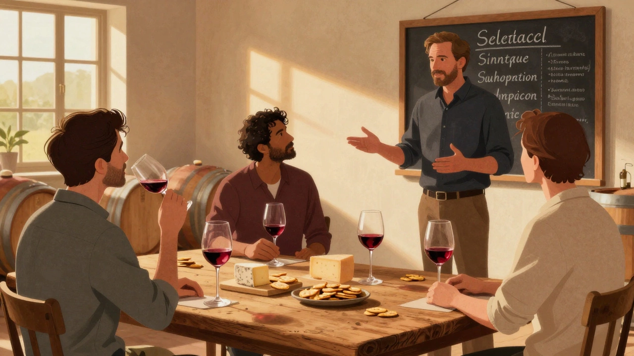 People seated at a wooden table enjoying wine paired with cheese, with a host explaining vineyard details.