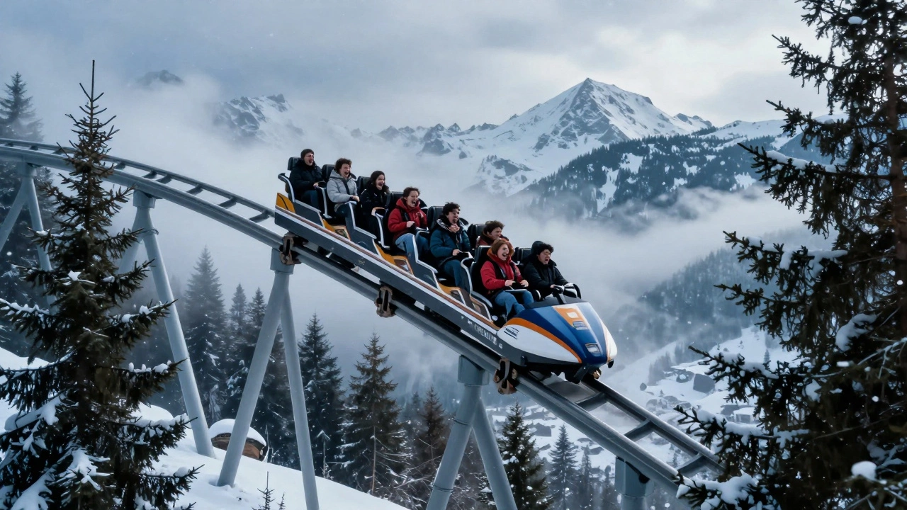 Roller coaster Alpengeist speeding upside down through a snowy alpine landscape with mist and pine trees.